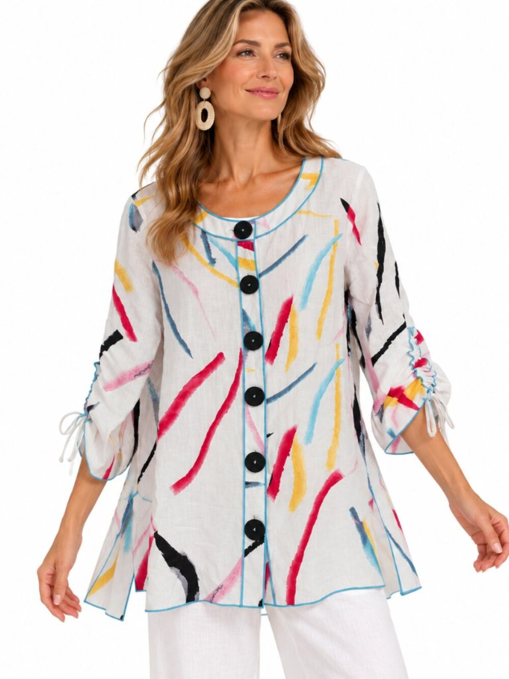 Ali Miles Linen Blend Button Up Tunic S Ruched Watercolor Abstract Coastal